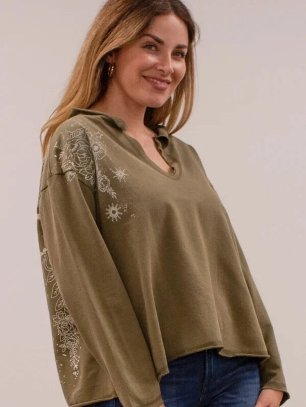 NWT Kyla Seo Sorcha Top Army Green Printed Boho Hippy Western Southwestern Small